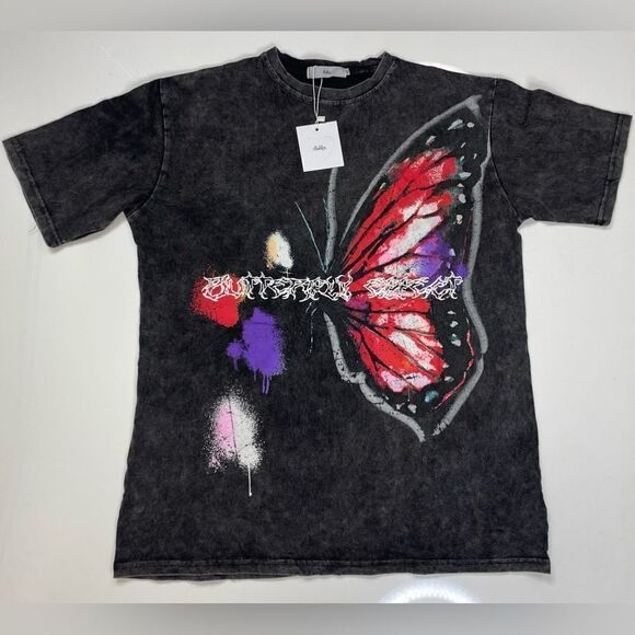 Adika Butterfly Effect Graphic T-shirt Women XS Oversized Black Acid Wash NWT - Picture 1 of 5